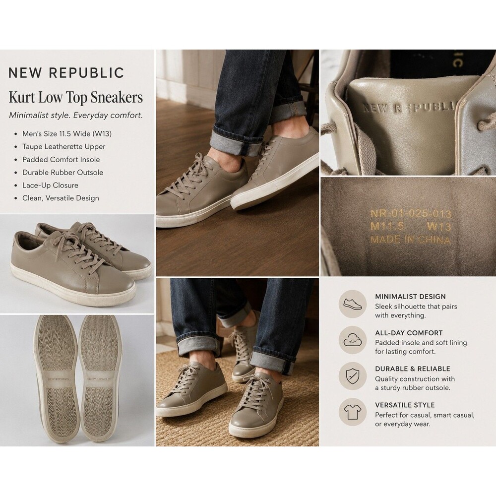 New Republic Kurt Low Top Sneakers Taupe Vegan Leather Men 11.5 Women 13 Preppy